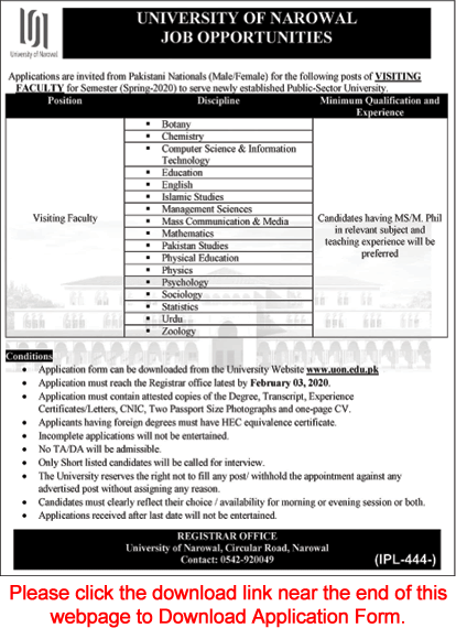 Visiting Faculty Jobs in University of Narowal 2020 January Application Form Download Latest