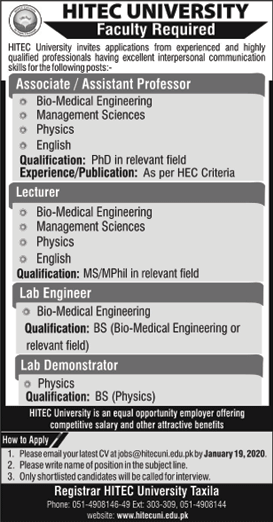 HITEC University Taxila Jobs 2020 January Teaching Faculty & Others Latest