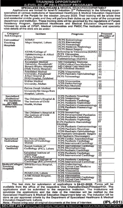 Specialized Healthcare and Medical Education Department Punjab Fellowship Training Program 2020 January Latest
