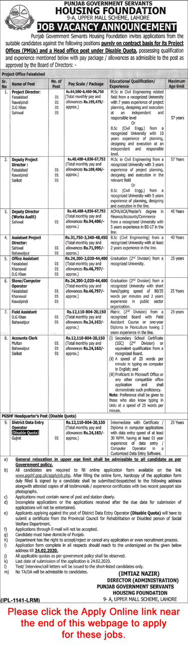 Punjab Government Servants Housing Foundation Jobs 2020 February Apply Online Latest