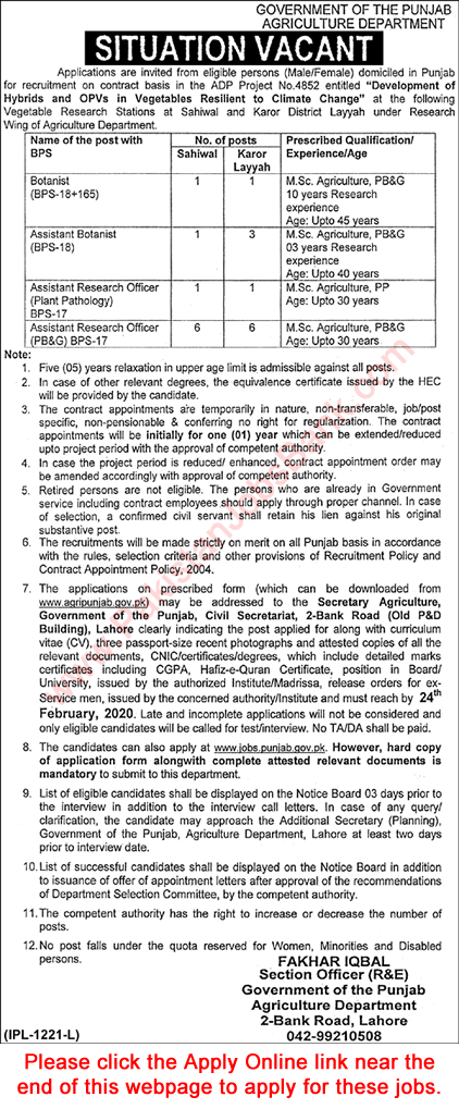 Agriculture Department Punjab Jobs 2020 February Apply Online Research Officers & Botanists Latest