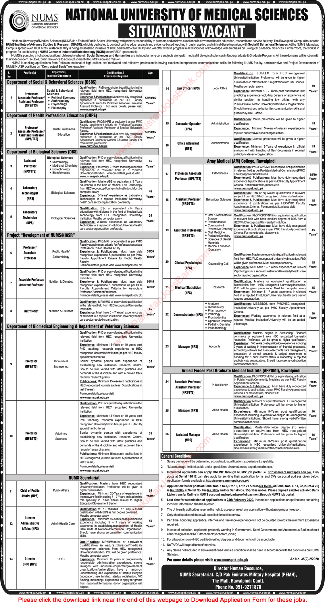 NUMS University Rawalpindi Jobs 2020 February Apply Online National University of Medical Sciences Latest