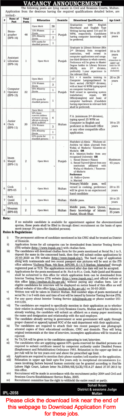 District and Session Court Multan Jobs 2020 February / March ITS PAK Application Form Stenographers, Clerks & Others Latest