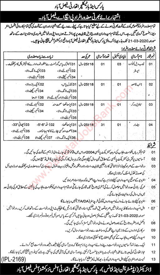 Parks and Horticulture Authority Faisalabad Jobs 2020 February / March PHA Baildar & Others Disable Quota Latest
