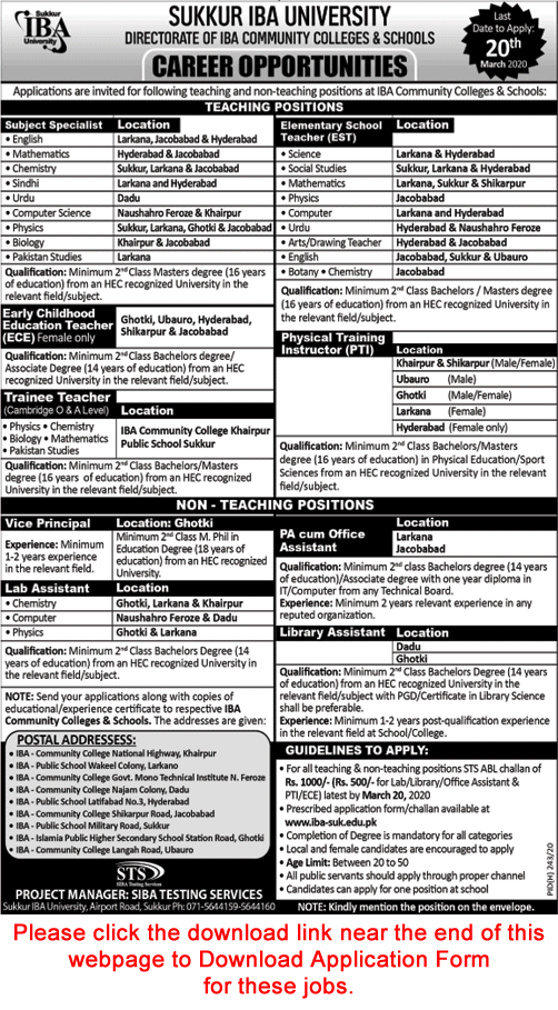 IBA Community Colleges and Schools Sindh Jobs 2020 March Application Form Sukkur IBA University Latest