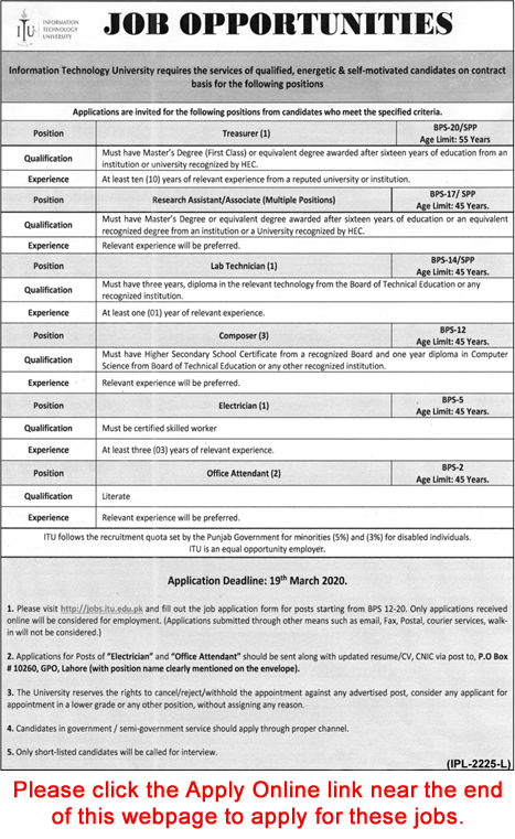 ITU Lahore Jobs 2020 March Apply Online Information Technology University Latest