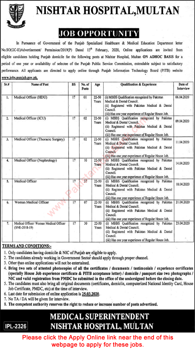 Medical Officers Jobs in Nishtar Hospital Multan 2020 March Apply Online Latest