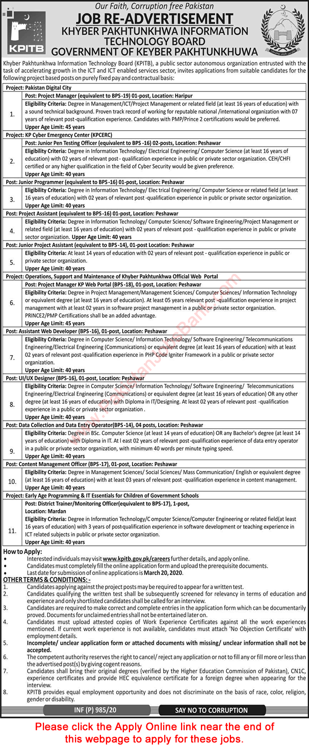 KPK IT Board Jobs 2020 March Apply Online Data Entry Operators & Others Latest