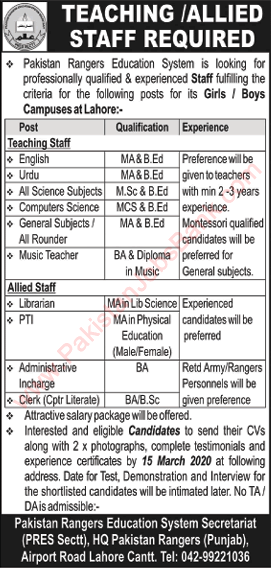 Pakistan Rangers Education System Lahore Jobs 2020 March Teachers & Others Latest