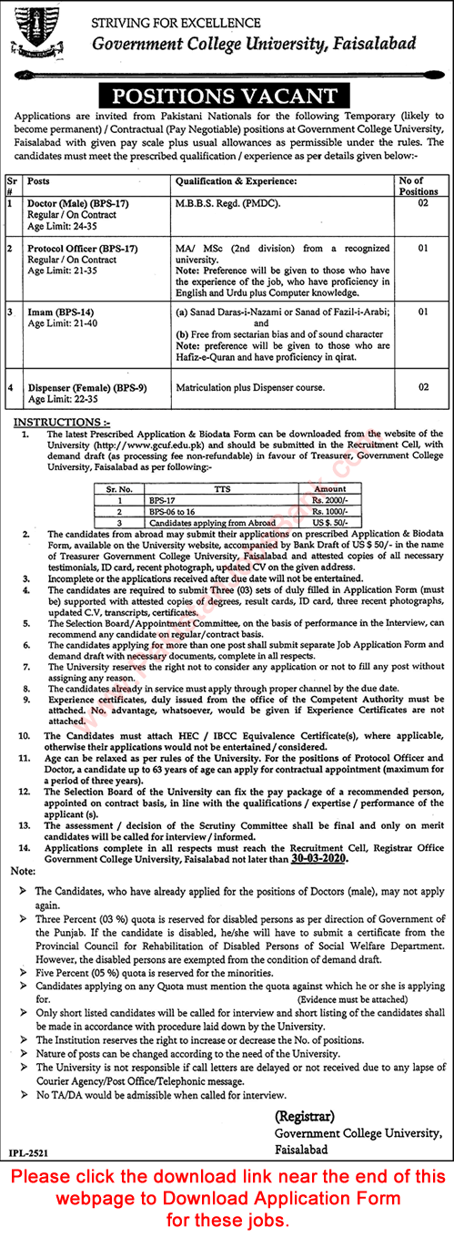 GC University Faisalabad Jobs March 2020 Application Form Government College University GCUF Latest