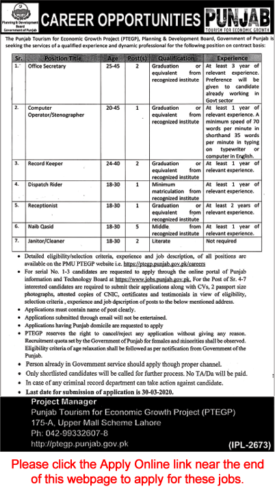 Punjab Tourism for Economic Growth Project Jobs 2020 March Apply Online Naib Qasid & Others Latest
