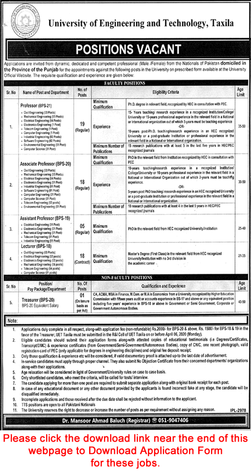 UET Taxila Jobs 2020 March Application Form University of Engineering and Technology Latest