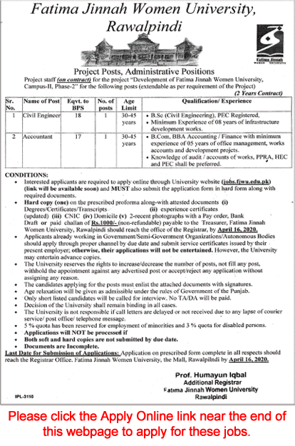 Fatima Jinnah Women University Rawalpindi Jobs 2020 March FJWU Apply Online Accountant & Civil Engineer Latest