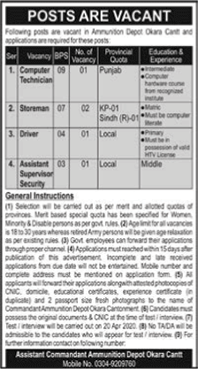 Ammunition Depot Okara Cantt Jobs 2020 March Storeman, Driver & Others Latest