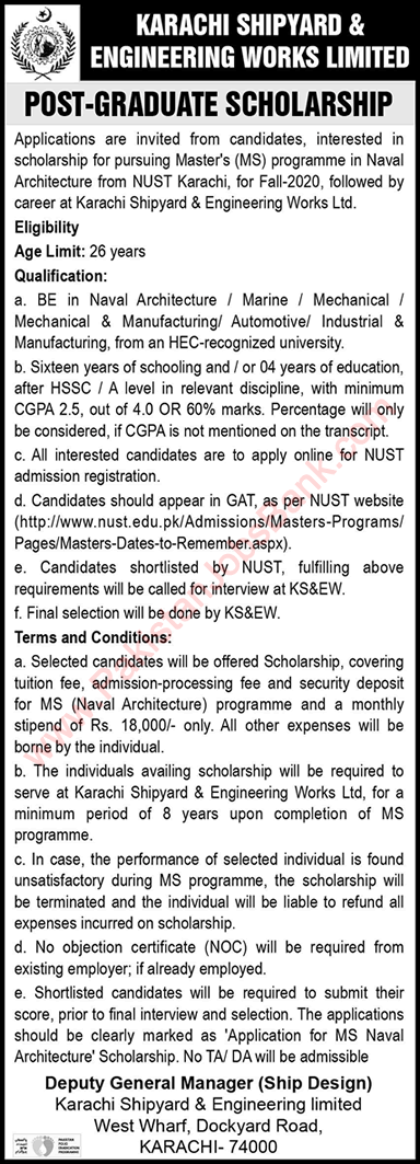 Karachi Shipyard and Engineering Works Postgraduate Scholarships 2020 April KSEWL Latest