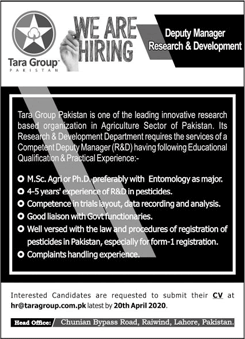 Research and Development Manager Jobs in Tara Group Pakistan 2020 April Latest