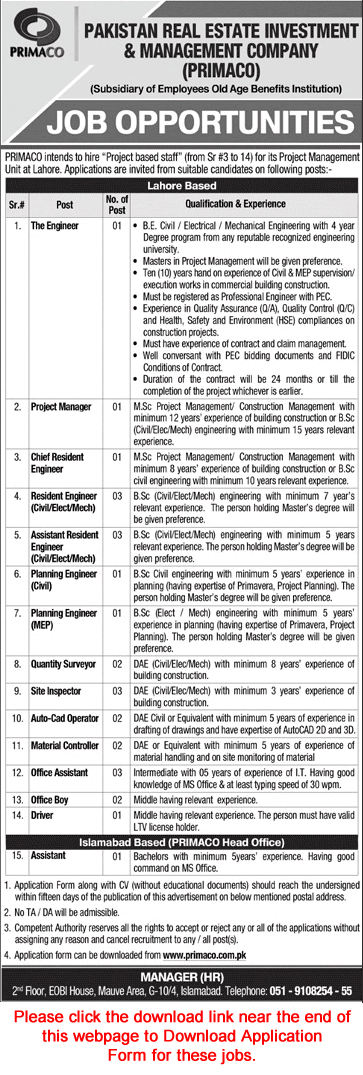 PRIMACO Jobs 2020 April Application Form Pakistan Real Estate Investment & Management Company Latest