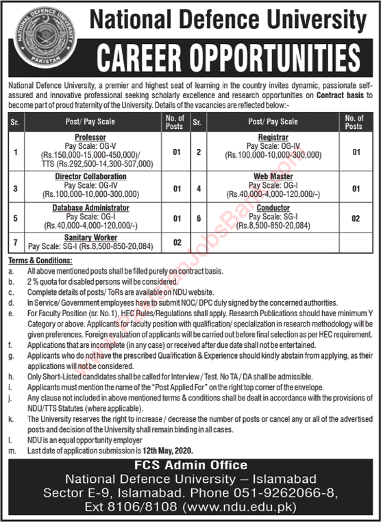 National Defence University Islamabad Jobs 2020 April Database Administrator, Web Master & Others Latest