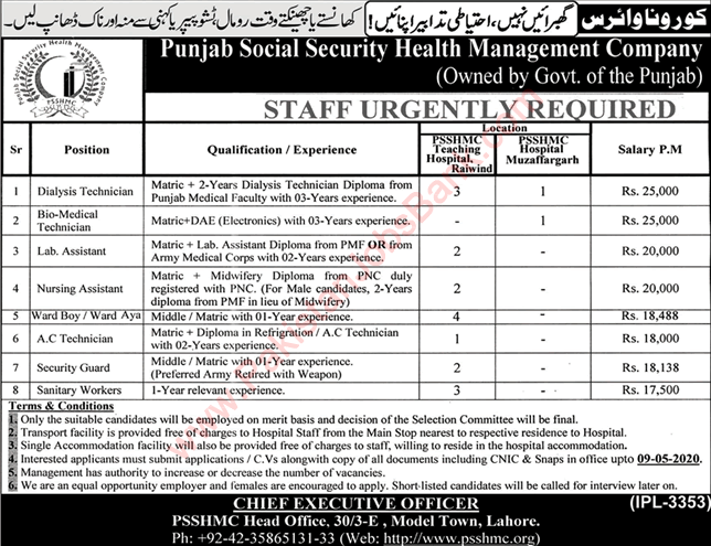 Punjab Social Security Health Management Company Jobs April 2020 Ward Boys,  Medical Technicians & Others Latest