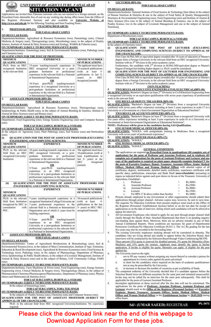 University of Agriculture Faisalabad Jobs 2020 April Application Form Teaching Faculty & Others Latest