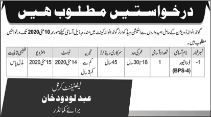 Driver Jobs in Gujranwala April 2020 May at Station Headquarter Pakistan Army Latest