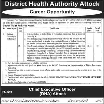 Assistant Entomologist Jobs in Health Department Attock 2020 April / May Latest