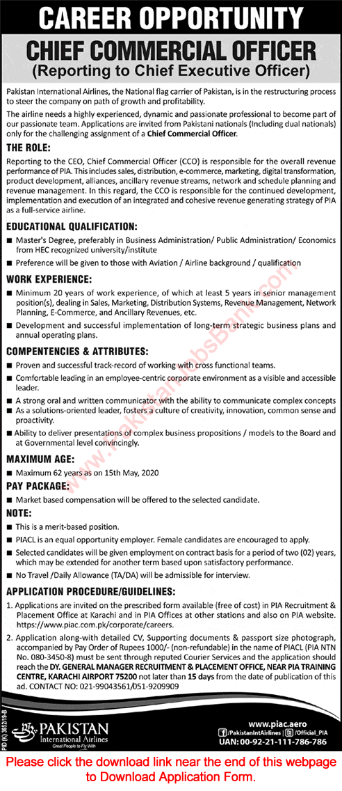 Chief Commercial Officer Jobs in PIA April 2020 May Application Form Pakistan International Airlines Latest