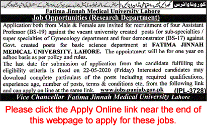 Fatima Jinnah Medical University Lahore Jobs May 2020 FJMU Apply Online Assistant Professors & Demonstrators Latest