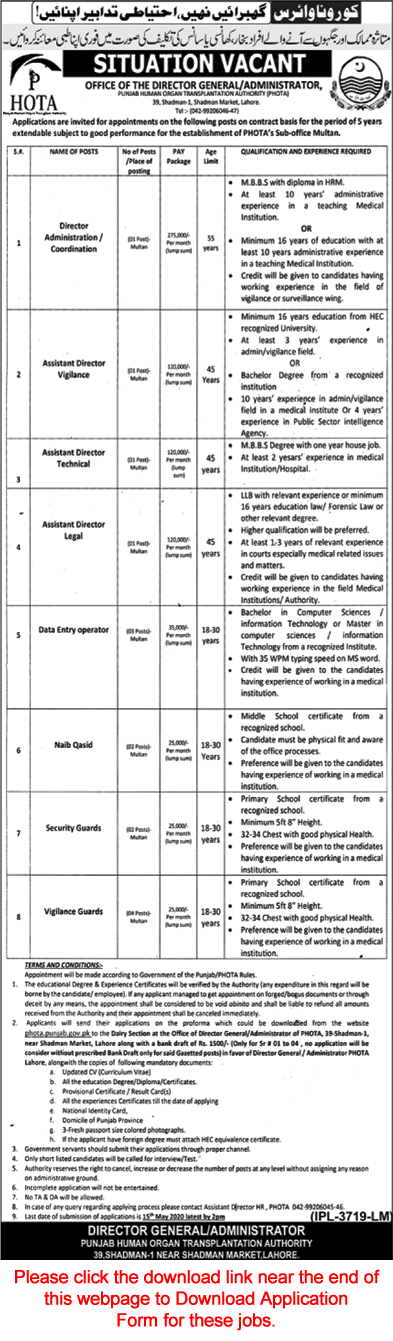 PHOTA Multan Jobs 2020 May Application Form Punjab Human Organ Transplantation Authority Latest