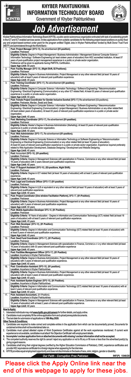 KPITB Jobs 2020 May Apply Online Khyber Pakhtunkhwa Information Technology Board Latest