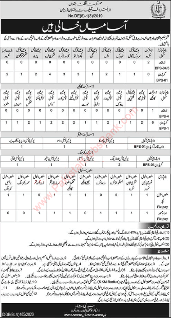 Education Department Gilgit Baltistan Jobs 2020 May Grade-I, Teachers & Others Latest