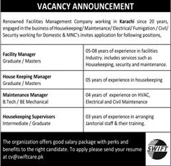 Swift Karachi Jobs 2020 May Maintenance Manager, Housekeeping Supervisor & Others Latest