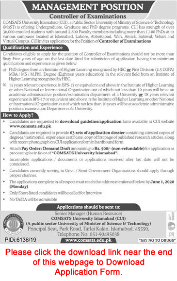 Controller of Examination Jobs in COMSATS University Islamabad 2020 May Application Form Latest