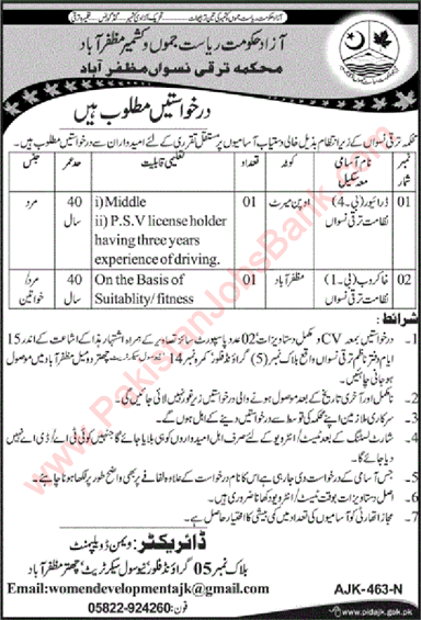 Women Development Department AJK Jobs May 2020 Driver & Khakroob Latest