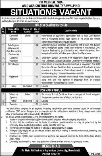 Arid Agriculture University Jobs May 2020 Sub Engineers & Others PMAS AAUR  Latest