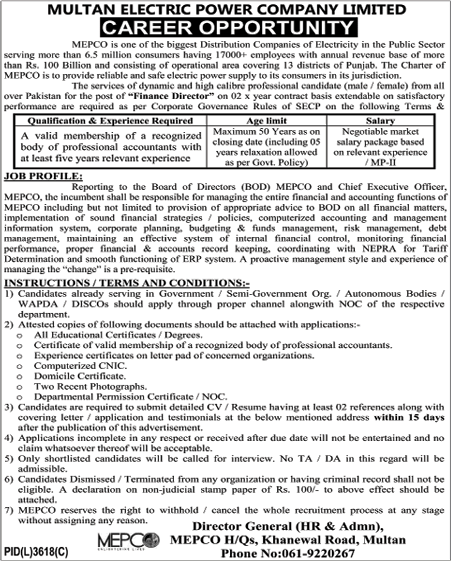 Finance Director Jobs in MEPCO 2020 June Multan Electric Power Company Limited Latest