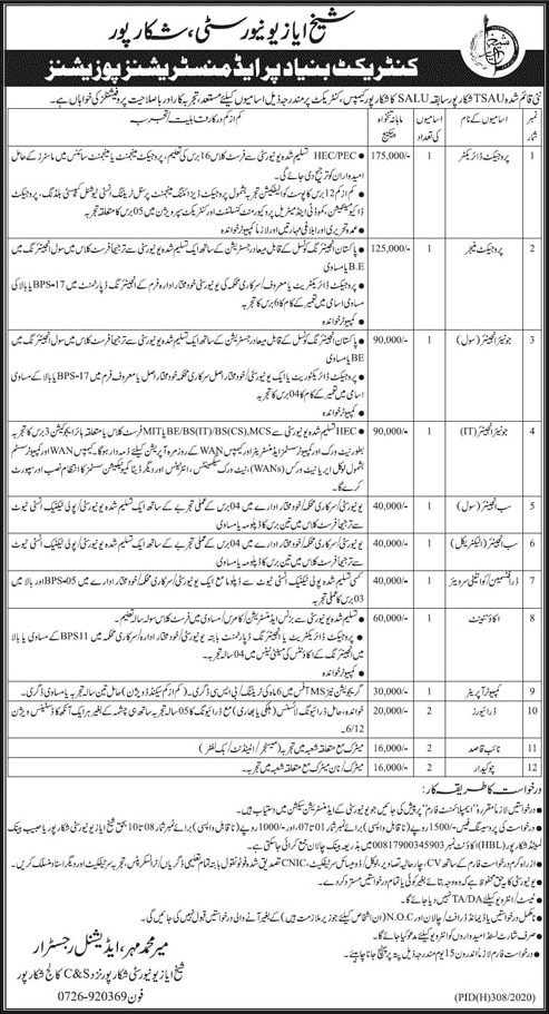 Shaikh Ayaz University Shikarpur Jobs 2020 June Sub Engineers & Others SALU / TSAU Latest