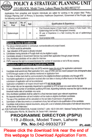 Epidemologist Jobs in Policy and Strategic Planning Unit Punjab June 2020 PSPU NTS Application Form Latest