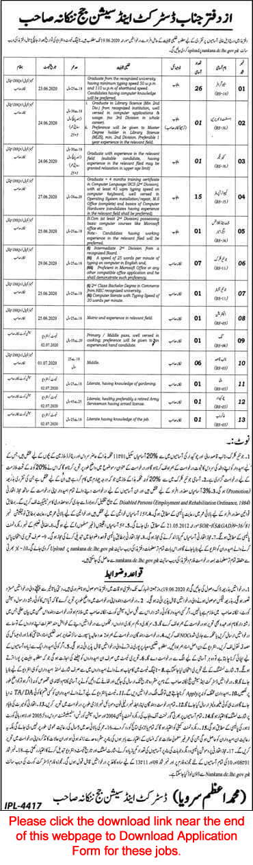 District and Session Court Nankana Sahib Jobs 2020 June Stenographers & Others Latest