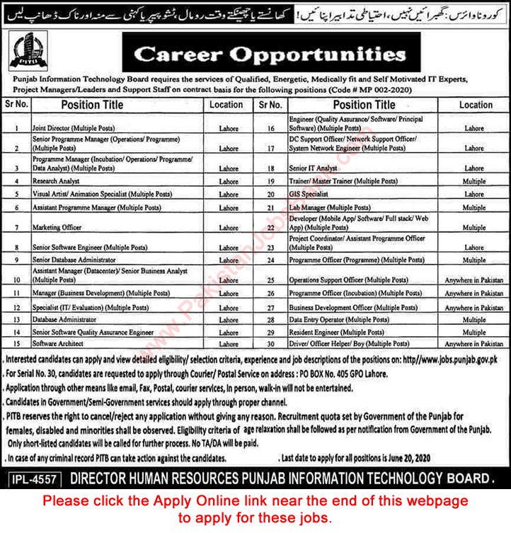 PITB Jobs 2020 June Apply Online Punjab Information Technology Board Latest