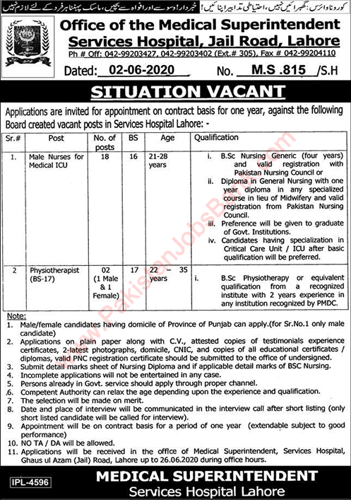 Services Hospital Lahore Jobs 2020 June Male Nurses & Physiotherapist Latest