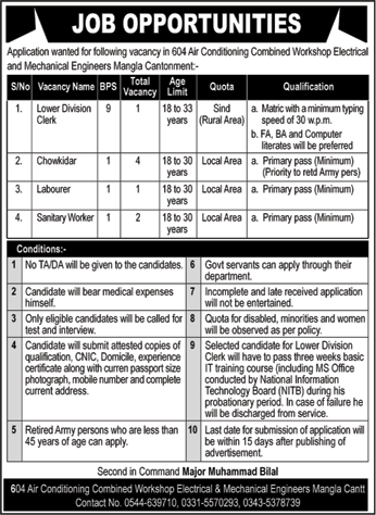 604 Air Conditioning Combined Workshop EME Mangla Cantt Jobs 2020 June Pakistan Army Latest