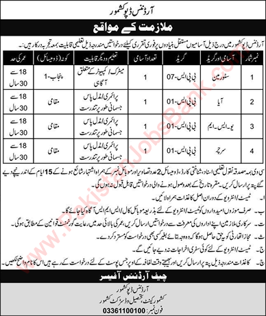 Ordnance Depot Kashmore Jobs 2020 June Storeman & Others Pak Army Latest