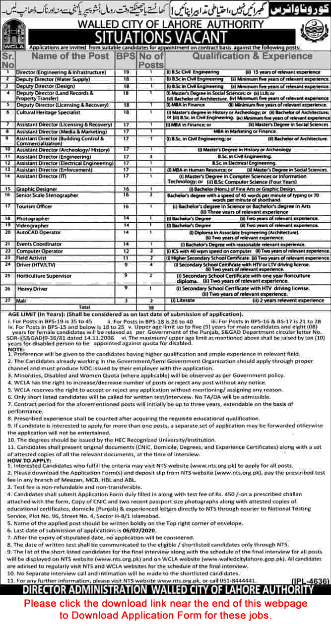 Walled City of Lahore Authority Jobs 2020 June NTS Application Form Assistant Directors & Others Latest