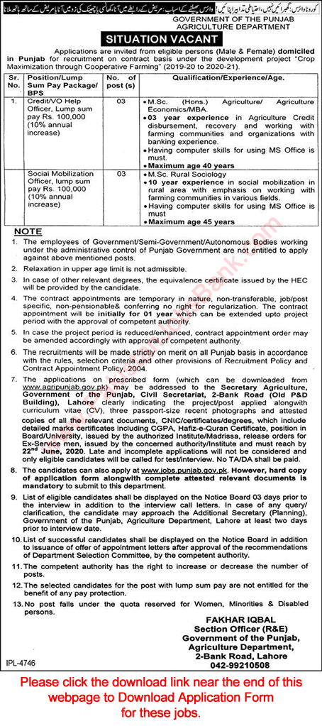 Agriculture Department Punjab Jobs June 2020 Application Form Social Mobilization Officers & Credit / Help Officer Latest