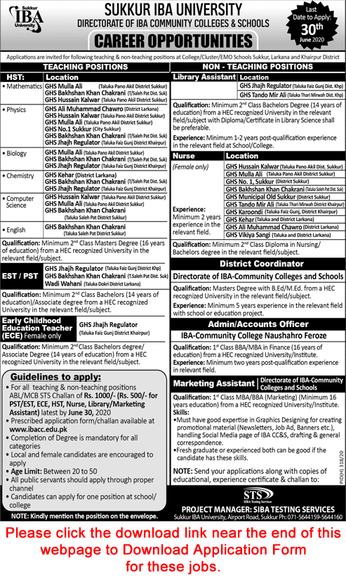 Directorate of IBA Community Colleges and Schools Jobs 2020 June Application Form Teachers & Others Latest