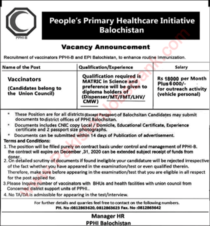 Vaccinator Jobs in PPHI Balochistan 2020 June People's Primary Healthcare Initiative