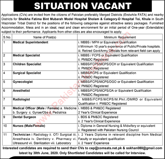 Sheikha Fatima Bint Mubarak Model Hospital South Waziristan Jobs 2020 June Latest