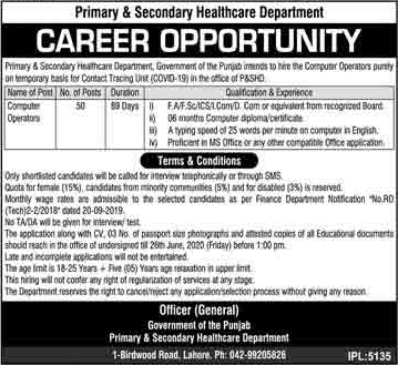 Computer Operator Jobs in Primary and Secondary Healthcare Department Punjab 2020 June COVID-19 Latest