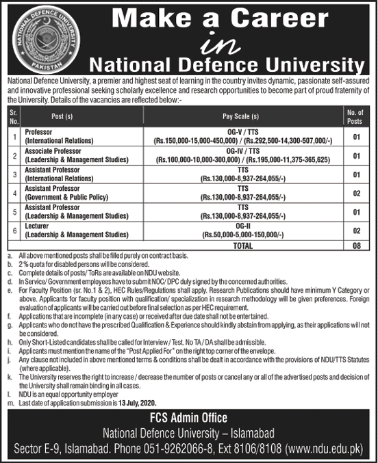 National Defence University Islamabad Jobs June 2020 Teaching Faculty NDU Latest